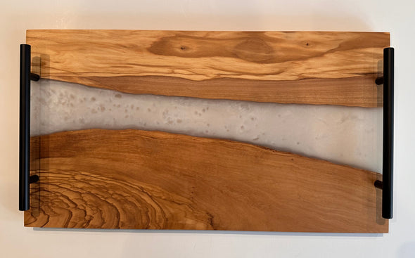 White Swirl Shore River Charcuterie Board with Black matte metal handles